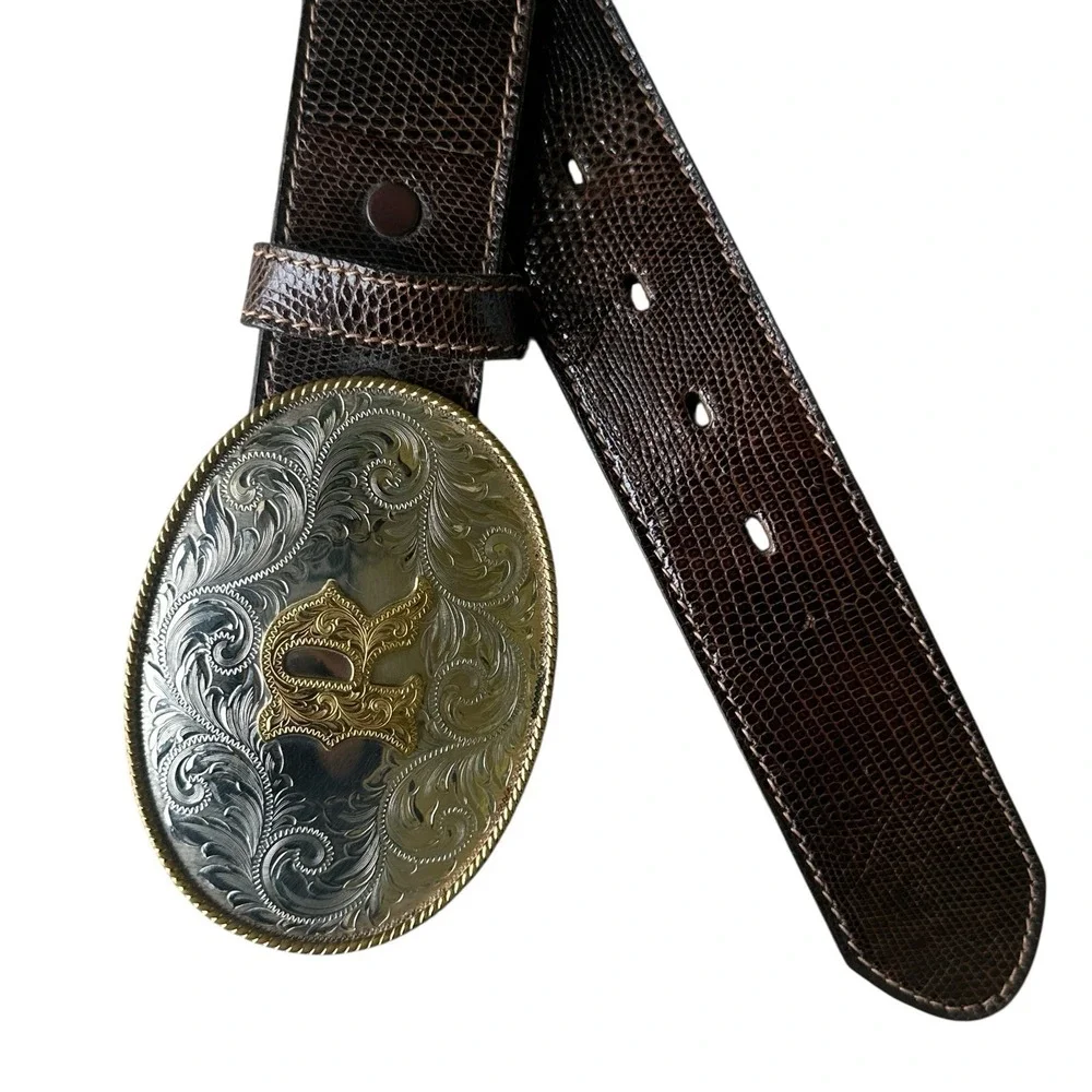 VTG Kenny Rogers Lizard Leather Belt Men‎ 33-37 Inch Montana Silversmiths Buckle